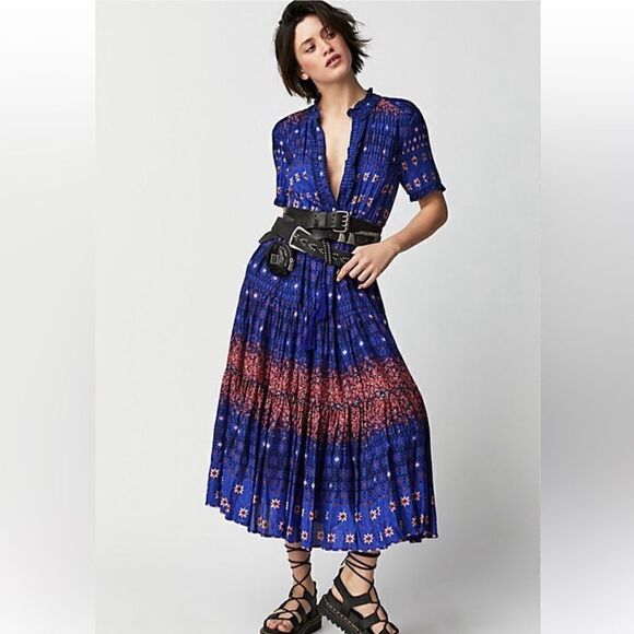 Free People Rare Feelings Maxi Dress By - Capri Blue Combo Size XS - Picture 1 of 6